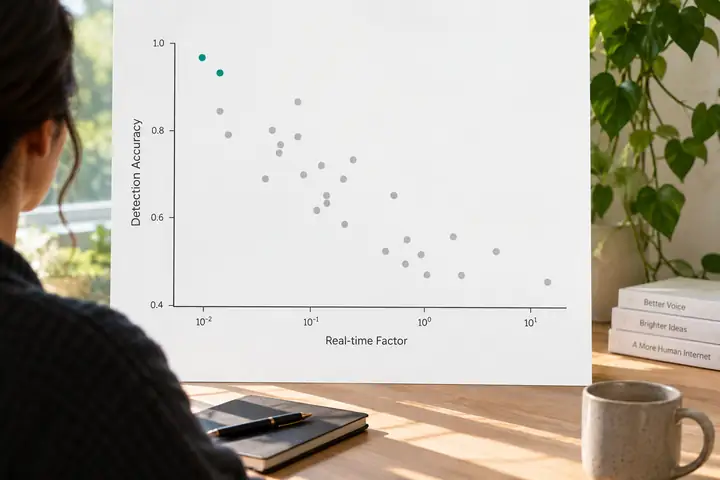 Minimal scientific scatterplot on white: detection accuracy on the vertical axis and real-time factor on the horizontal axis, gray comparison points and two teal points near the top left