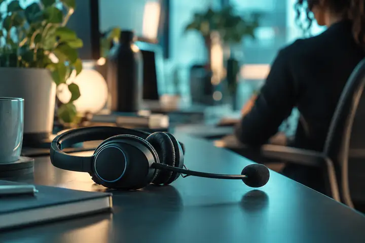 Close-up of a telephone headset at a quiet customer support desk, soft teal light