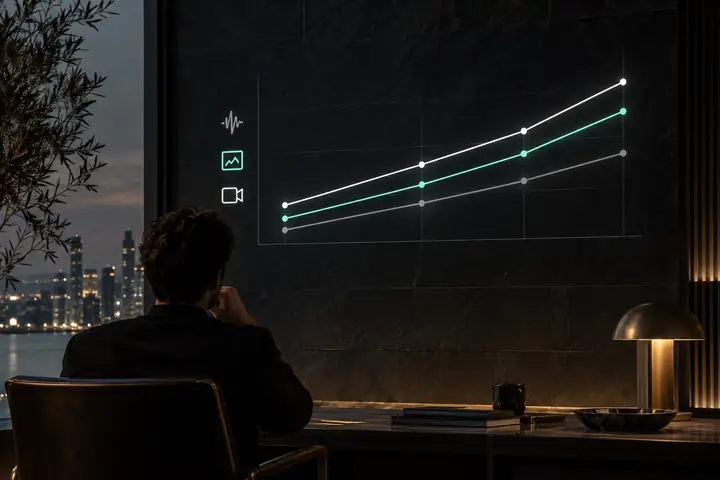 Clean dark analytical line chart comparing three generations of detection, with gray audio, mint image and white video accuracy lines rising toward the latest model