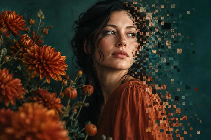 Original editorial portrait of an adult woman beside rust-orange flowers against a deep teal backdrop, portions of the image dissolving into square digital pixels