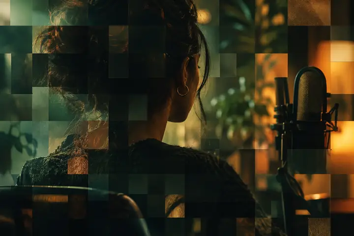 Editorial portrait photograph seen through a subtle digital mosaic, dark green and warm amber palette