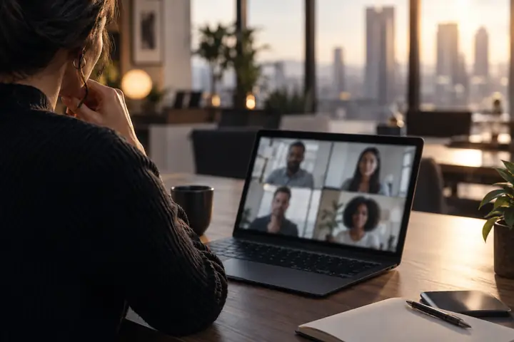 Laptop showing a softly blurred video meeting in a modern office, restrained editorial photography