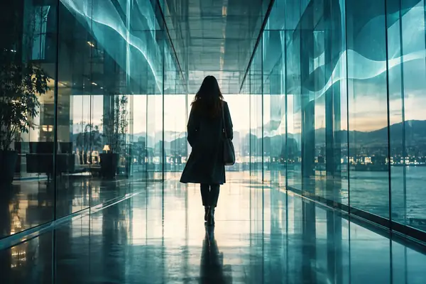 A single person seen from behind walking through a luminous modern glass corridor, architectural reflections in deep teal and cool white