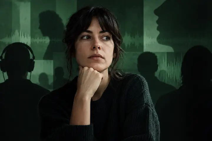 Original editorial portrait of a researcher against layered dark green silhouettes for a synthetic media threat report