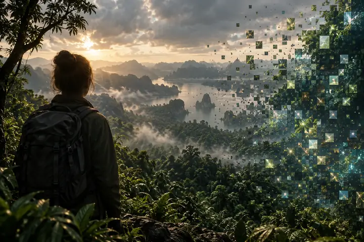 Wide atmospheric landscape of dark green foliage dissolving into a subtle mosaic of colored digital pixels