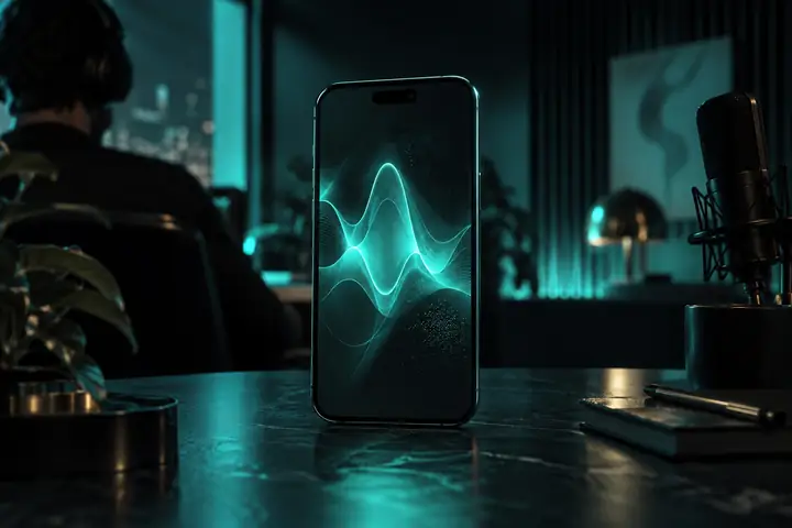 Phone displaying an abstract video frame in a dark studio setting, teal highlights